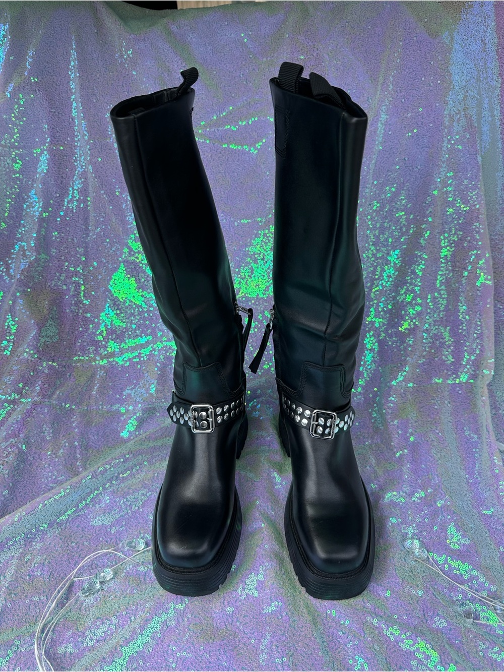 Circus by Sam Edelman Black Mid-Calf Lace-Up Boots with Studded Buckle